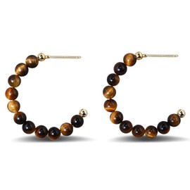 Tiger Eye Earrings 14K Gold Plated Hoop Earrings Brown Gemstone Stud Earrings for Women Trendy Tiger Eye Jewelry for Gift