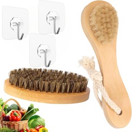 Potato Brush, Pack of 2 Vegetable Brush, Wood, Natural Bristles, Mushroom Brush, Mushroom Brush, Soft Brush, Wood, Ergonomic Handle for Cleaning Vegetables, Fruits and Kitchen Utensils