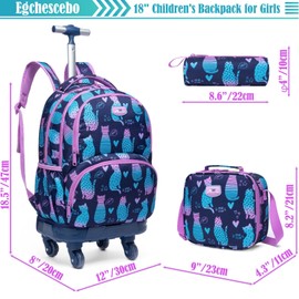 Egchescebo Kids Rolling Backpack for Girls Mermaids Suitcases Trolley Roller Luggage Backpacks with 360° Rotating Wheels 15" Laptop Lunch Box Pencil Case for Elementary 18" Travel School Bag Purple
