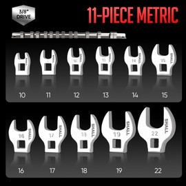 SHALL 3/8" Crows Foot Wrench Set, 11-Piece Metric Crowfoot Wrench Set with Clip-on Organizer, 10-22mm, Tools for Mechanics, Access Fasteners in Tight Spaces