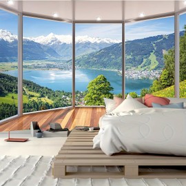 FENDROM Snow Mountains Lake Forest Scene Tapestry Nature Landscape Wall Hanging Window View Beautiful Small Town Wall Tapestries for Bedroom Living Room Home Decor