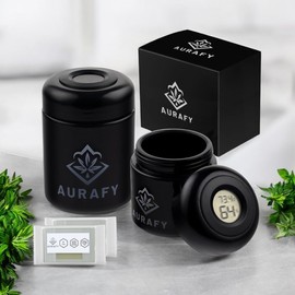 AURAFY Stash Jar with Hygrometer Lid - UV Glass, Airtight & Odour Proof for Storing Herbs & Spices - Includes 2 Pack 62% RH 2-Way Moisture Control Packs (250ml)