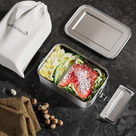 WELLGRO Stainless Steel Square Containers - 550 ml 850 ml 1400 ml 2400 ml Leak-Proof Metal Lunch Box Lunch Box Capacity 1400 ml