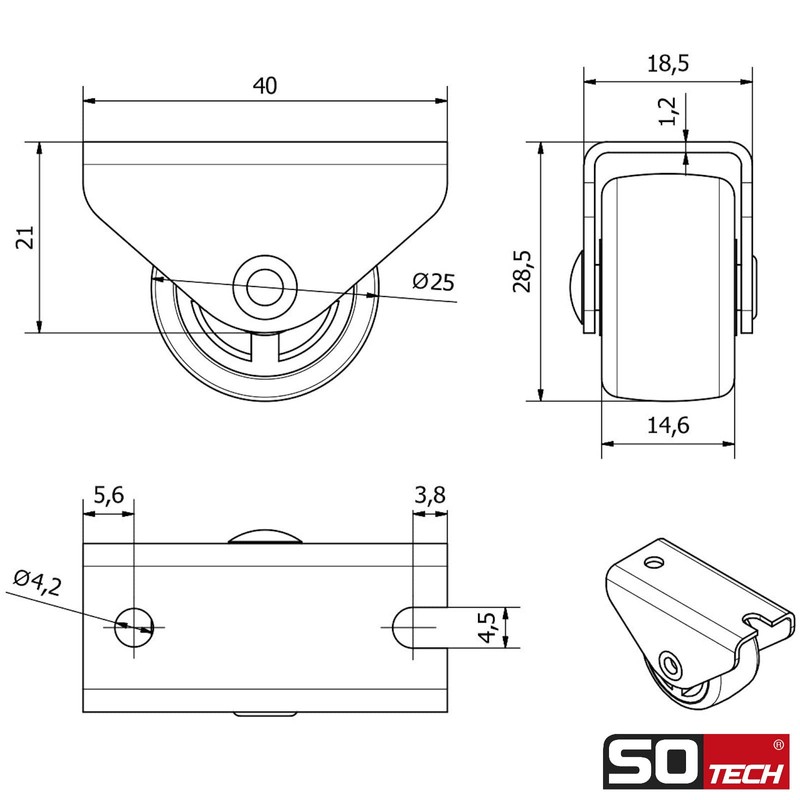 Sotech Passau Set of 4 Box Rollers (Diameter 25 mm,