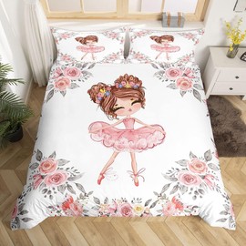 Homewish Girls Ballet Bedding Set Single Size for Kids, Ballerina Duvet Cover Bedroom Decor Cute Little Dancer Comforter Cover Girly Rose Flowers Print Bedspread Cover, Pink White Gray, 1 Pillowcase