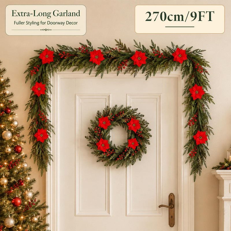 9 FT Artificial Christmas Garland, Faux Pine Greenery for Mantel
