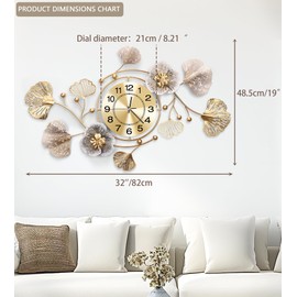 JXQXYN Clocks for Living Room, Large Wall Clock, 3D Silent Wall Clock, Retro Metal Ginkgo Leaf Design, for Bedroom Kitchen Decorative Wall Clocks（32''x18'' ）