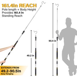 Clothes Hanger Reaching Hook, 49"-91" High Reach Garment Hook Durable and Sturdy Telescopic Pole for Hanging and Retrieval Lights Rope Wreaths Bird Feeders Plants and Clothes