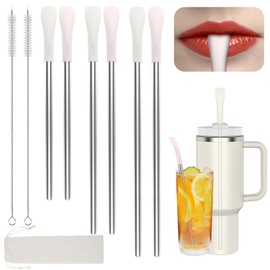OUTXE Anti Wrinkle Straw 6 Pcs, Reusable Stainless Steel Drinking Straw, Wrinkle Free Long Metal Straw for Lip with Cleaning Brush and Carrying Bag, 22WBDSAWST6-CP