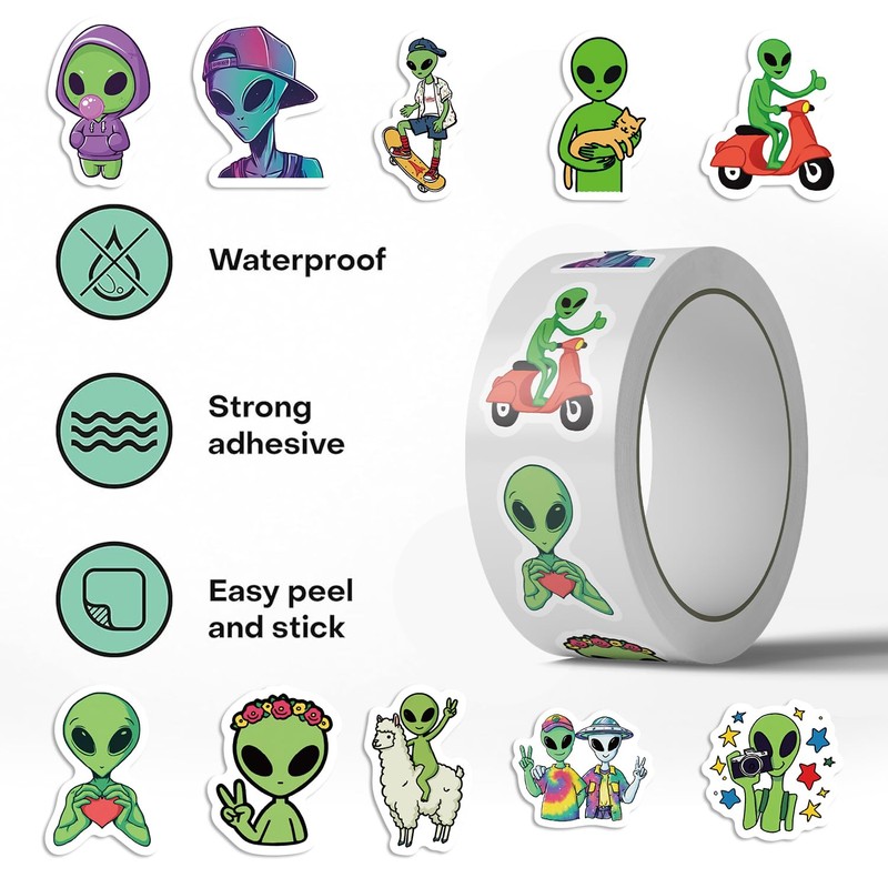 500PCS Aliens Stickers 10 Styles Sticker Rolls Space Stickers Aliens