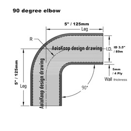 AotoKoop Universal 4-Ply High Performance 90 Degree Elbow Coupler Silicone Hose ID 3.5" (89mm), Leg length 5" (125mm) with T-Bolt Clamps 2pc-Blue