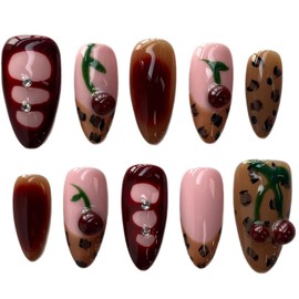 Handmade Press on Nails Brown French Medium Almond Fake Nails with Cherry Rhinestone Design Spring Summer False Nails Luxury Gradient Stick on Nails Muti-Layer Gel Acrylic Nails for Women (Size S)