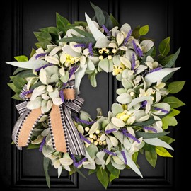 Lambs Ear Wreaths for Front Door All Season Home Decor Pocrh Wall, 20" Green Handmade Farmhouse Spring Summer Wreath with Lavender Bow