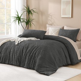 Andency Dark Grey Comforter Set Queen, Gray Lightweight Fluffy Bedding Comforter Sets for Queen Bed, 3 Pieces Tufted Farmhouse Shabby Chic Bed Set for All Seasons (1 Comforter 90x90In, 2 Pillowcases)