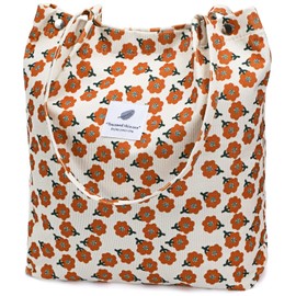 Ayieyill Corduroy Tote Bag for Women Canvas Shoulder Cord Purse with Inner Pocket（Flowers）