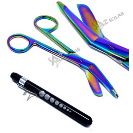 Heavy Duty Reusable Penlight + Multi Rainbow Color Nurse Doctor Medical Lister Bandage Scissors Shears (A2ZSCILAB) (BLACK + Bandage Scissors 7.25")