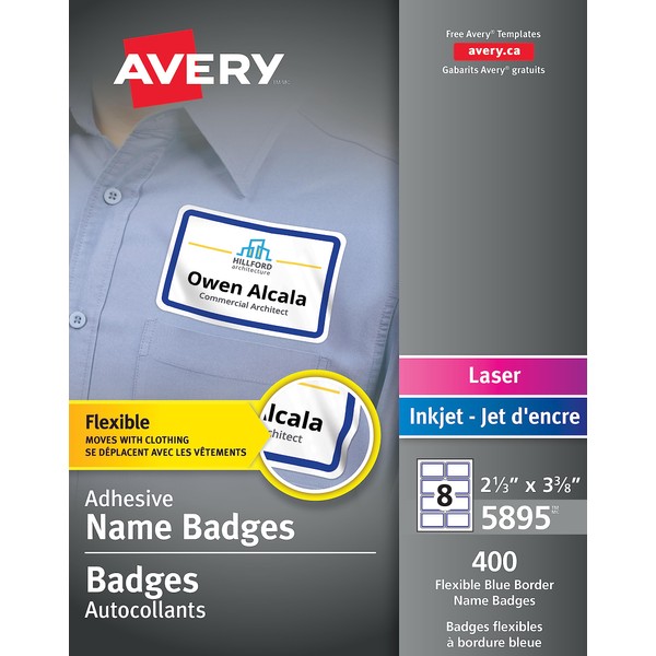 Avery Flexible Name Badges for Laser and Inkjet Printers, 3-3/8"