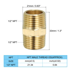 PATIKIL Solid Brass Hex Nipple Pipe Fitting Thread Adapter, 4 Pack 1/2" NPT x 1/2" NPT Male Water Line Connectors Couplings