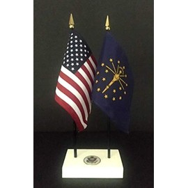 1 American and 1 Indiana Executive Flag Set American Made Rayon 4x6 inch Desk Set Includes a 2-Hole White ArcticSno Base with a USA Great Seal and Two Flags