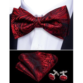 Barry.Wang Paisley Floral Bow Ties for Men Pre Tied Bowtie and Pocket Square Cufflinks Set Silk Red Black Bow Ties Party