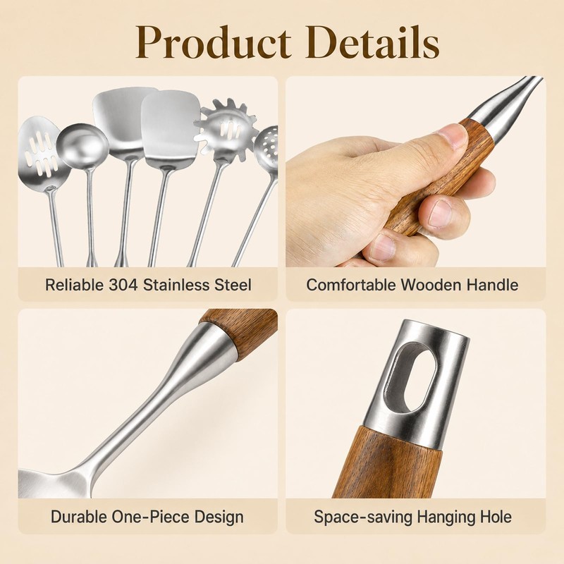 14 Pcs Stainless Steel Kitchen Utensils Set - Wooden Handle