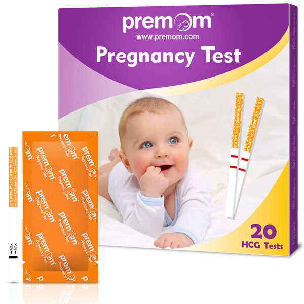 Premom hCG Pregnancy Test Strips: 20 Individually Wrapped Pregnancy Test Kit Powered by Premom Ovulation Predictor | hCG Urine Pregnancy Test Strips in Bulk