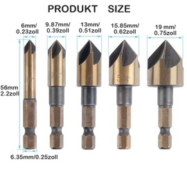 KEWAYO Countersink Drill Bit Set for Metal, Countersink 82°, Countersink and Deburring Set 6-19 mm for Metal, 5-Flute Countersink Bit Set with Carry Bag for Metal, Wood, Countersink, Wood Countersink