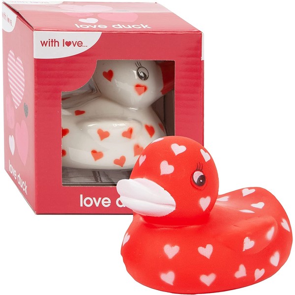 VFM - Rubber Duck Bath Toys, Heart Print, Love Design, For Couples Presents, Valentines and Anniversaries, Pack of Two (Red and White)