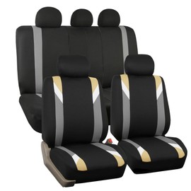 FH Group Car Seat Covers Full Set Cloth-Seat Covers for Low Back Car Seats with Removable Headrest,Universal Fit,Automotive Seat Cover,Airbag Compatible Car Seat Cover for SUV,Sedan,Van Beige