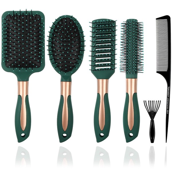 Mens Paddle Hair Brush Comb Set for Women and Men 6 Pcs Wet Hair Brushes for long Hair No Tangle Hair Brush for Curly or Straight Hair (Dark Green)