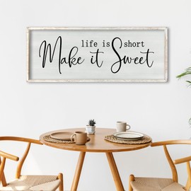 ZZJJHYWGQ Life is Short Make It Sweet Sign Wall Decor 32"×12" for Bedroom Family Lnspirational Quote Large Wood Framed Wall Hanging Art (White)