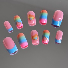 24 Pcs Rainbow Press on Nails Long - Coffin Press on Nails Colorful Press on Nails French Tip Press on Nails Acrylic Nails Hollow Heart Design Fake Nails Acrylic Nail Square Nail Tips for Young Girls