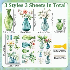 WANDIC 3 Sheets Green Vase Rub on Transfer Stickers Waterproof Decals Furniture Stickers Home Decoration Decals for DIY,15 * 30CM