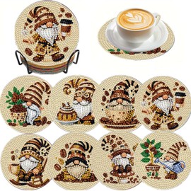 8 pcs 5D DIY Coffee Gnome Diamond Paintings Coasters with Holder for Adults Beginners, Round Full Drill Diamond Art Craft Supplies(Coffee Gnome QLBD-14)