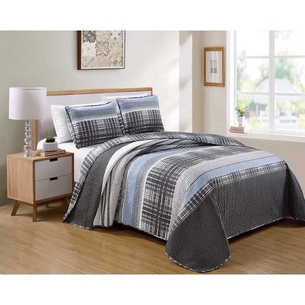 Kids Zone Home Linen Bedspread Set Charcoal White Light Grey Stripe Plaid Pattern Unisex New (Full/Queen)