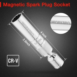 WORKPRO 14 mm Magnetic Spark Plug Socket with Magnetic Design, Swivel Thin Wall Spark Plug Socket, 3/8" Drive x 4" Total Length, 360 Degree Swivel, 12 Point