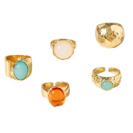 GIGB PBDK Vintage Chunky Gold Crystal Ring Set for Women Stackable Natural Stone Knuckle Statement Rings Adjustable Geometric Dome Ring Valentine's Day Jewelry