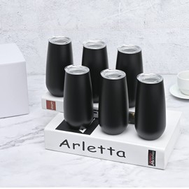 6 Pack Champagne Insulated Tumblers, Stemless Champagne Tumbler 6 Oz, Champagne Flutes Wine Tumbler, Unbreakable Cocktail Cups with Lid, Gift for Family Friends Christmas Birthday (Black)