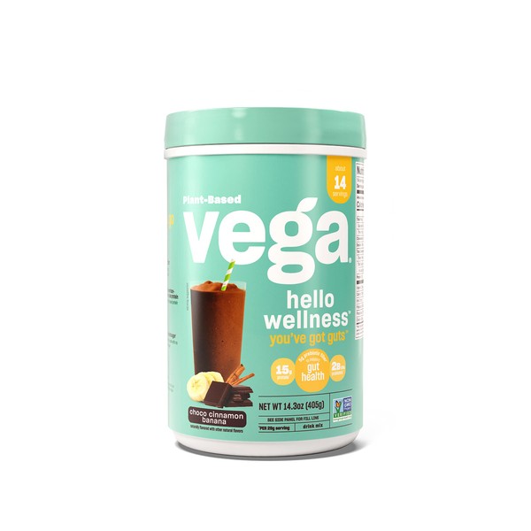 Vega Hello Wellness You’ve Got Guts Blender Free Smoothie, Choco Cinnamon Banana - Plant Based Vegan Protein Powder, 5g Prebiotic Fiber, 0g Added Sugar, 14.3 oz (Packaging May Vary)