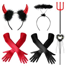 Sprinlot Women's Long Gloves, Devil Gloves, Headband, Trident Set, 1920s Costume Accessories, Gloves Costume for Carnival, Party, Cosplay, red black