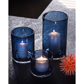ARIAMOTION Glass Hurricane Candle Holders Bulk for Pillar Blue Seeded Bubbles Cylinder Table Centerpiece Modern Rustic Vases Home Decor 10" 7" 4" Set of 3