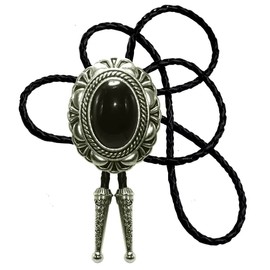 Moranse Bolo Tie with Round Flower And Gem Stone Parterre Style Genuine and Cowhide Rope (Flowerbeds Black)