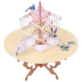 moin moin 2302me277 Message Card, 3D Pop-up/Table of Birds, Birdcage, Pink x Brown, White, Beautiful