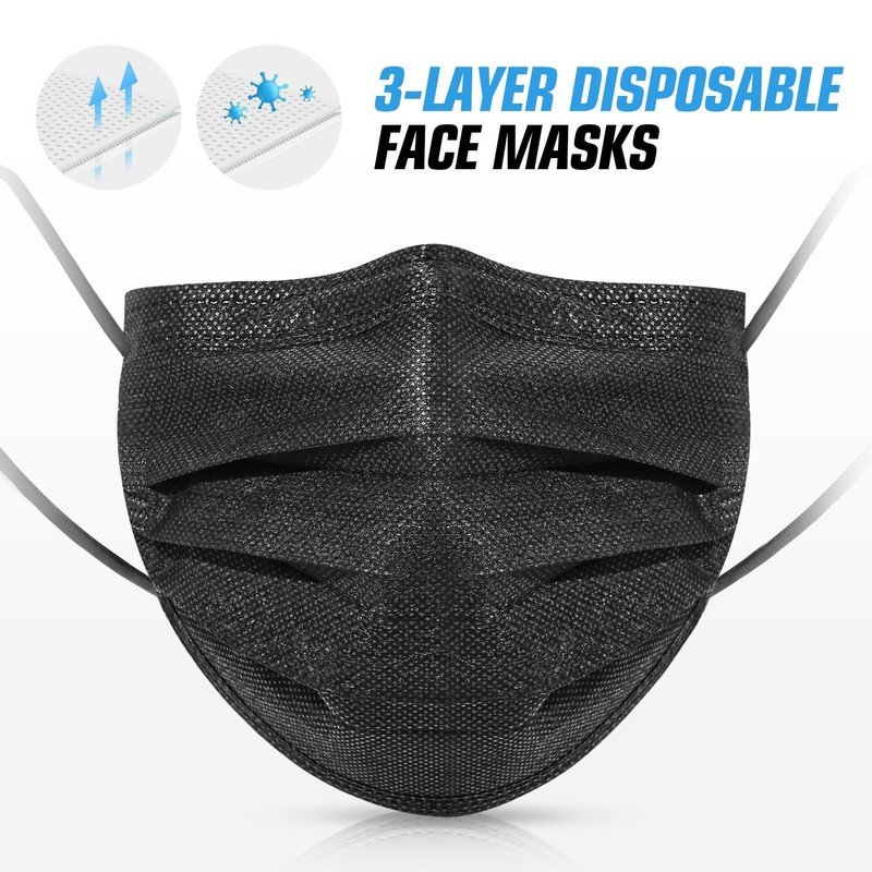 50 PCS Black Disposable Face Masks 3-Ply Filter Earloop Mouth