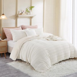 Tospass Plush Bed Linen 135 x 200 cm White Fluffy Warm Winter Bed Linen Faux Fur Checked Flannel Fleece Cashmere Touch Duvet Cover with Zip and 1 Pillowcase 80 x 80 cm