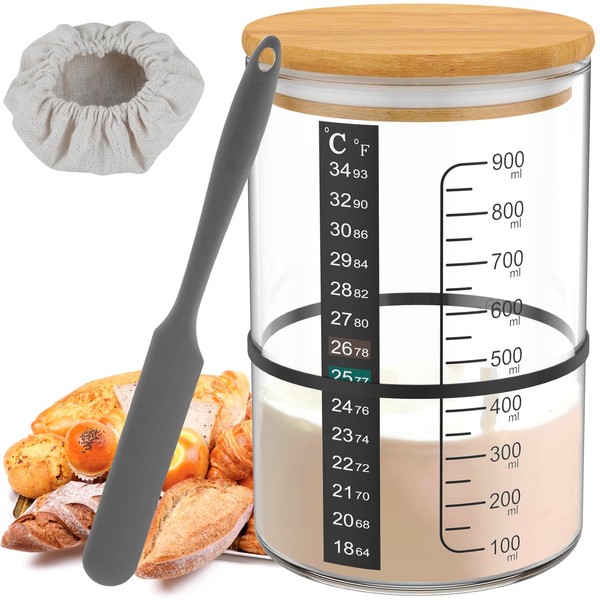 6Pcs Glass Sourdough Starter Jar Kit with Scale Thermometer Paper 900ml Sourdough Starter Container with Wooden Lid Cloth Cover Reusable Wide Mouth Sourdough Jar for Fermentation