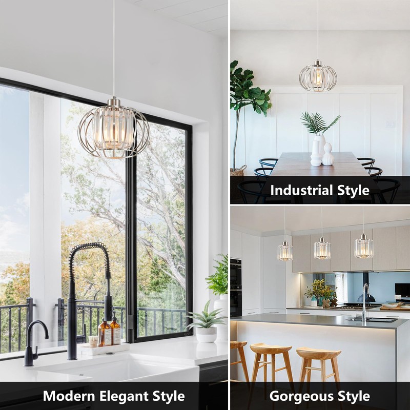XSDeTu Brushed Nickel Pendant Light Fixtures, Modern Crystal Hanging Ceiling
