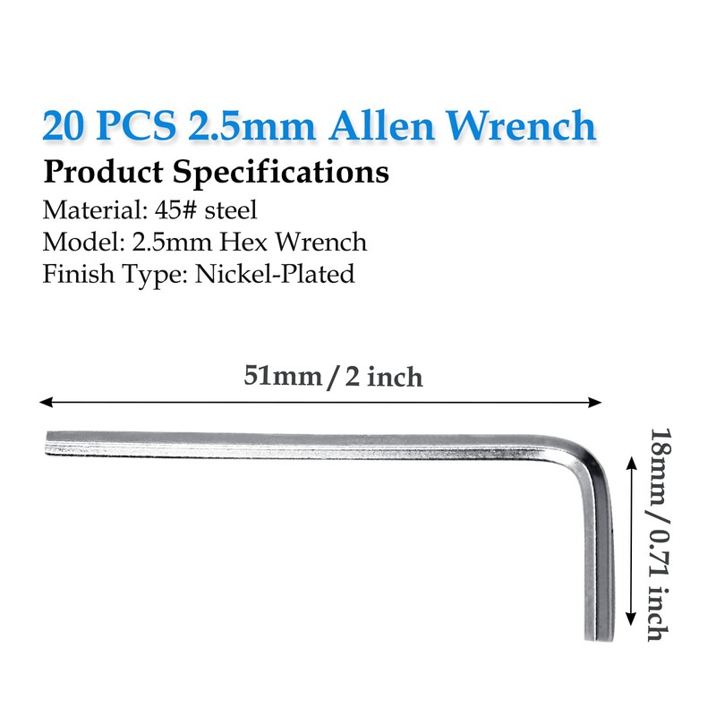 Bivethoi 20 PCS 2.5mm Allen Wrench L-Shaped Hex Key Wrench,