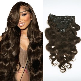 Clip in Hair Extensions Human Hair Seamless Body Wave Clip in Real Human Hair Extensions for Women 16 Inch 8Pcs 100g 12A Double Weft Wavy Human Hair Clip ins for Women Dark Brown