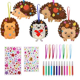 Weysoo Hedgehog Craft Set Wood, Wooden Hedgehog for Painting, Craft Set Children with Watercolour Pen, Rhinestones Sticker and Bow, Wooden Craft Sets Creative for Girls Boys Children DIY Decoration